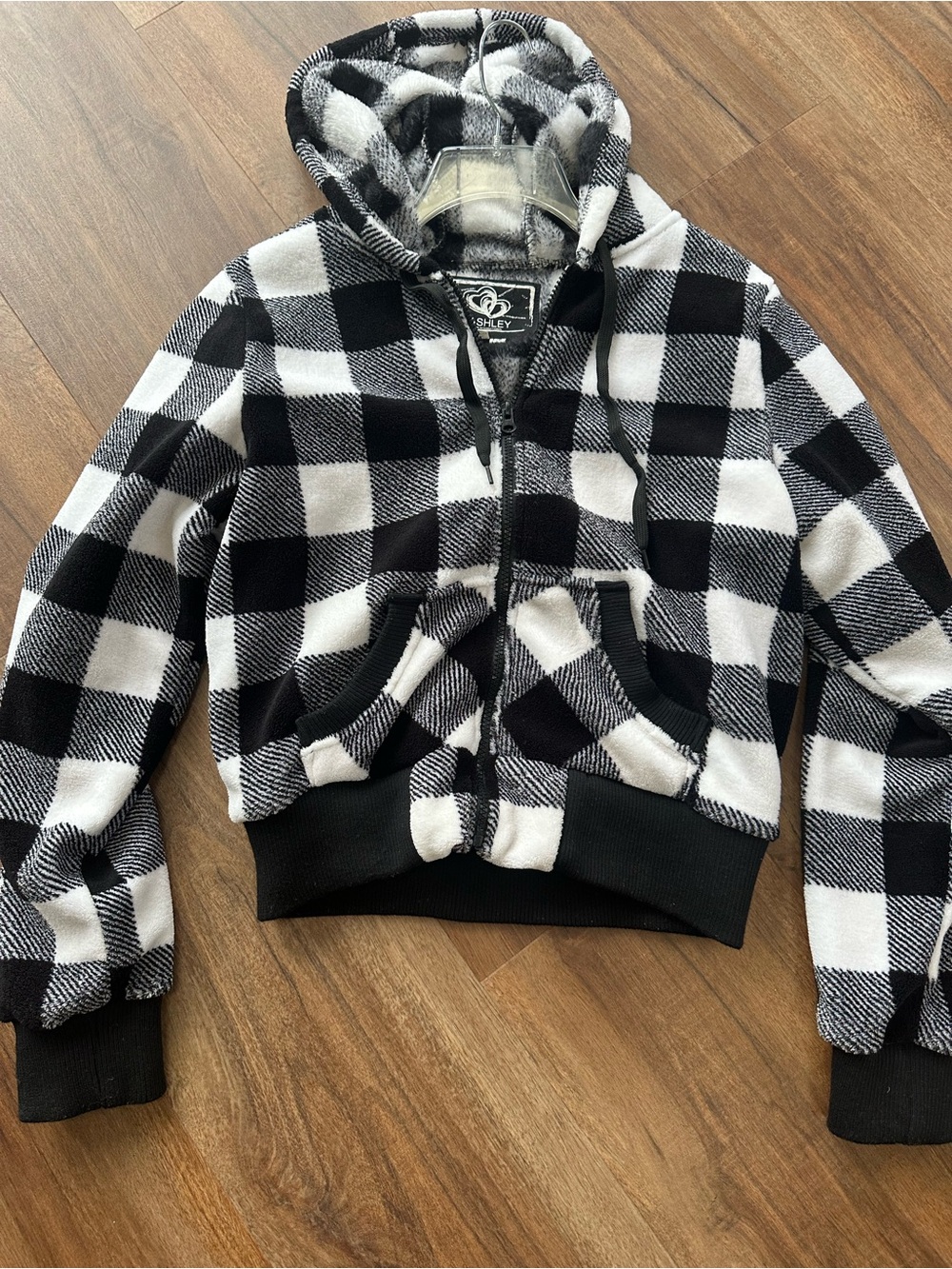 Ashley by 26 international buffalo plaid cropped fleece zip up hoodie